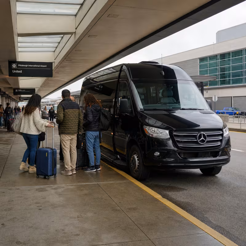 Group boarding a white charter bus for Airport Transportation transportation in Pittsburgh