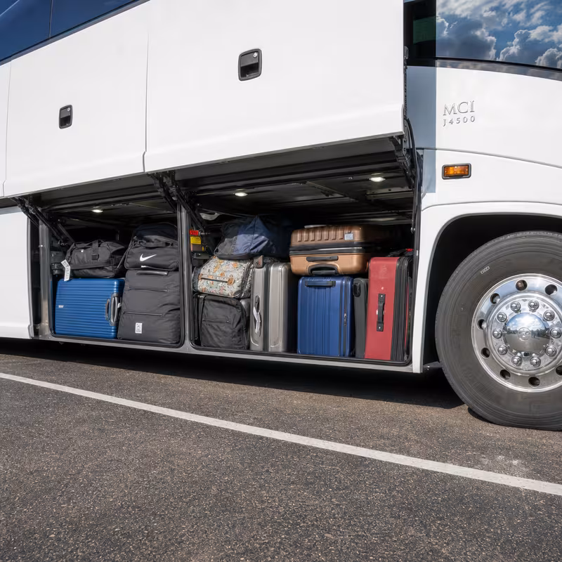 Party bus interior with wraparound leather seating and LED lighting in Pittsburgh