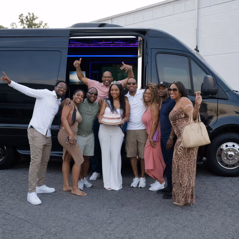 Party bus interior with wraparound leather seating and LED lighting in Pittsburgh