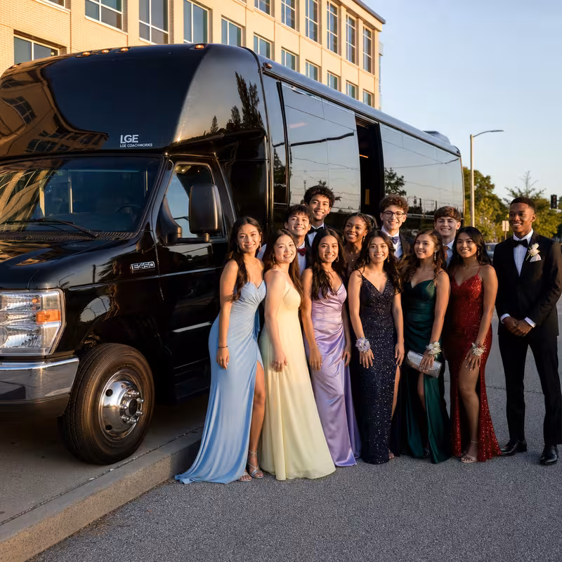 Group boarding a white charter bus for Prom & Homecoming Transportation transportation in Pittsburgh