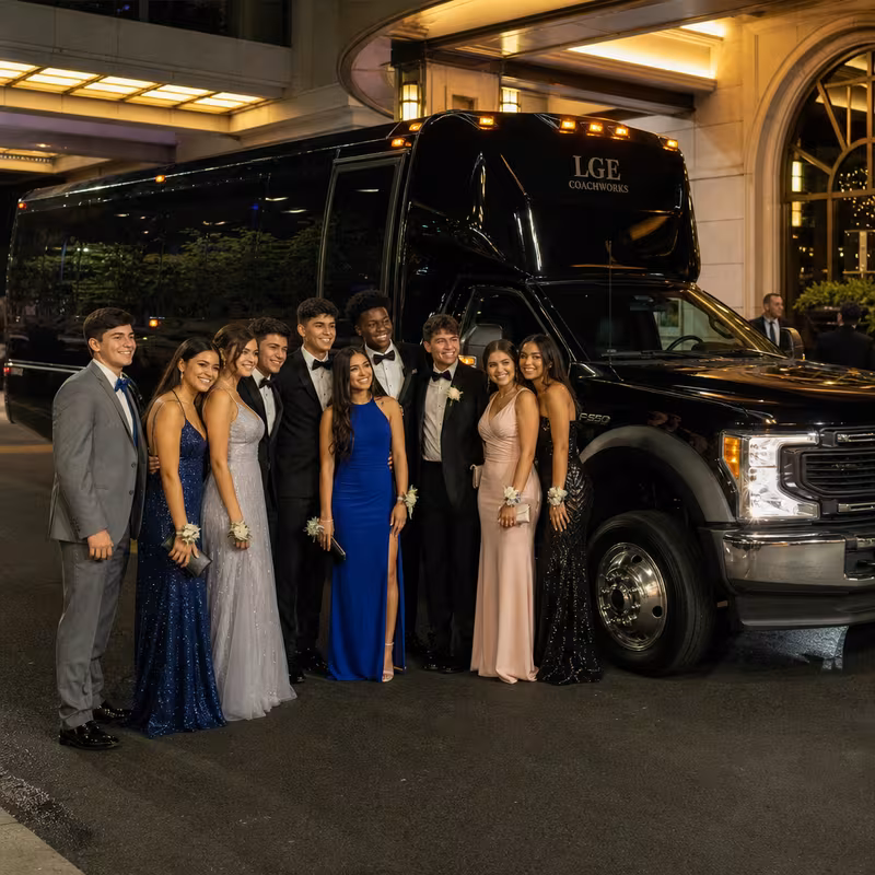 Party bus interior with wraparound leather seating and LED lighting in Pittsburgh