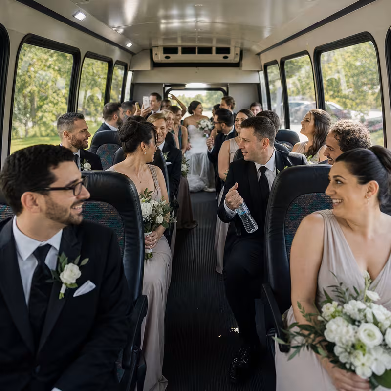 Group boarding a white charter bus for Wedding Transportation transportation in Pittsburgh