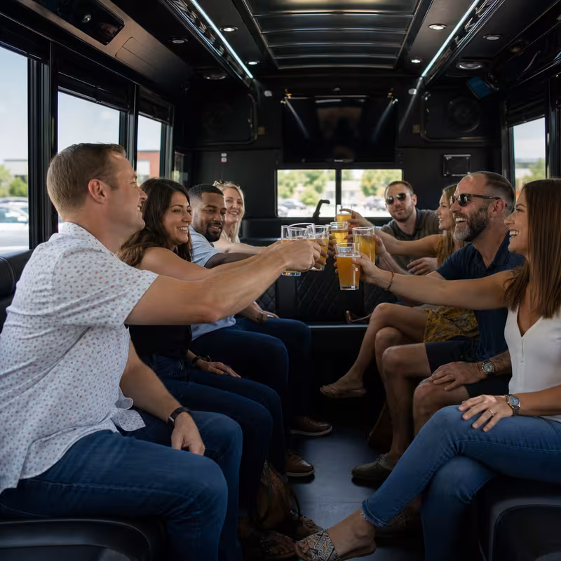 Group boarding a white charter bus for Winery & Brewery Tour Transportation transportation in Pittsburgh